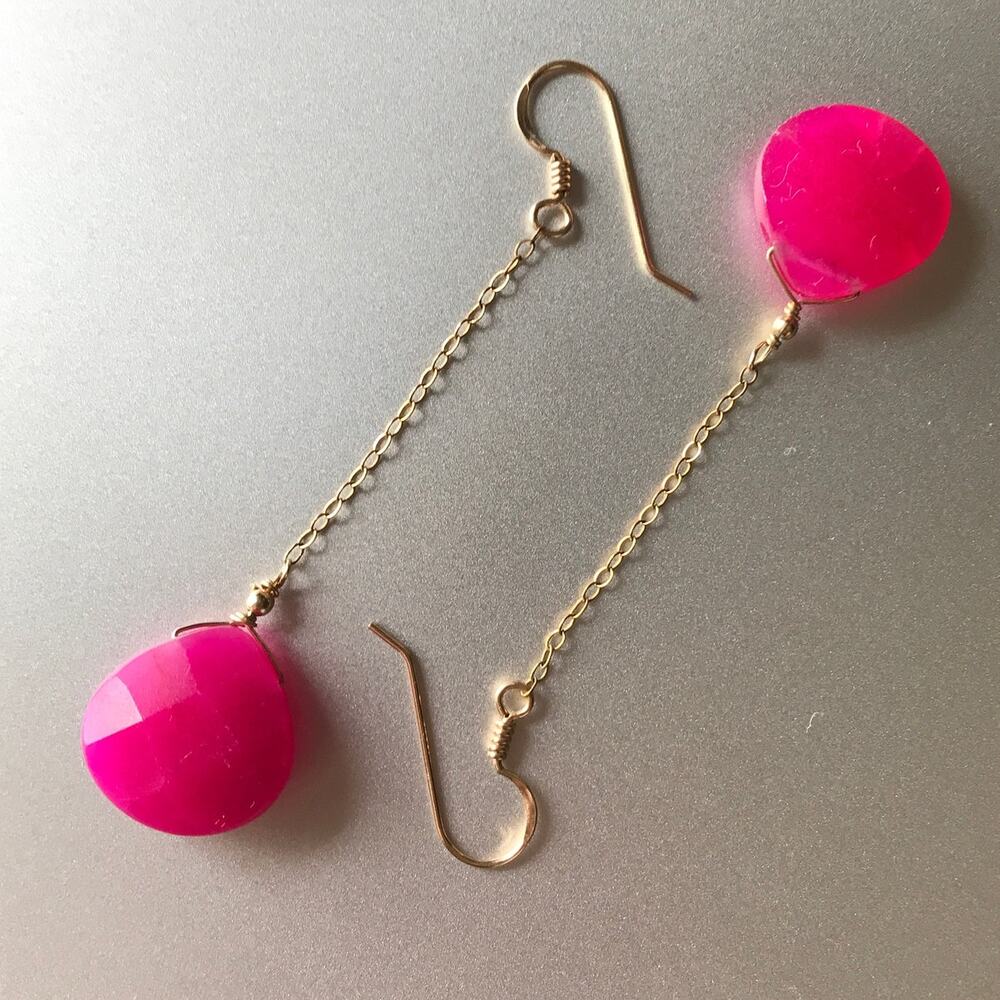 14Kgf  artisan semiprecious hot pink dyed chalcedony chain dangle earrings
